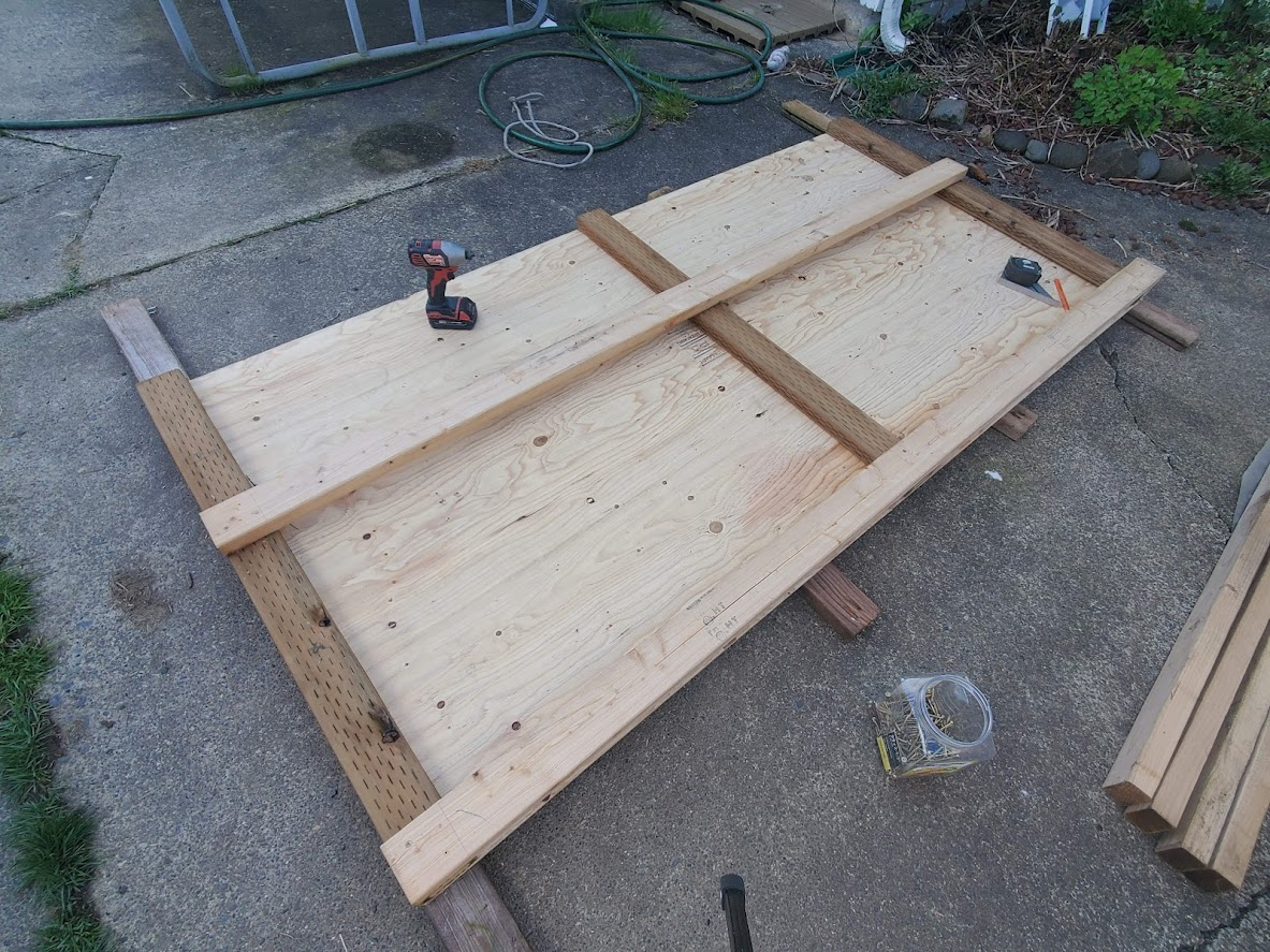 Squaring up the frame using the uncut plywood sheet